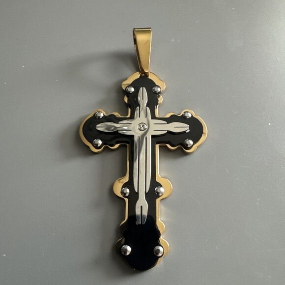 Stainless Steel Cubic Zirconia Gold Black Silver Plated Cross Pendant 24” Chain - Picture 1 of 7